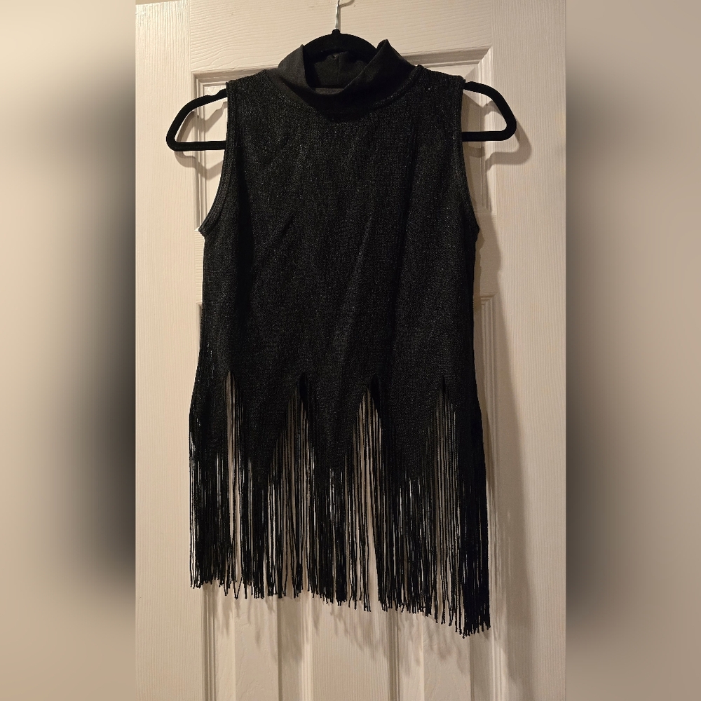 Michaela By Michael B Black Mettalic Fringe Sleeveless Top
